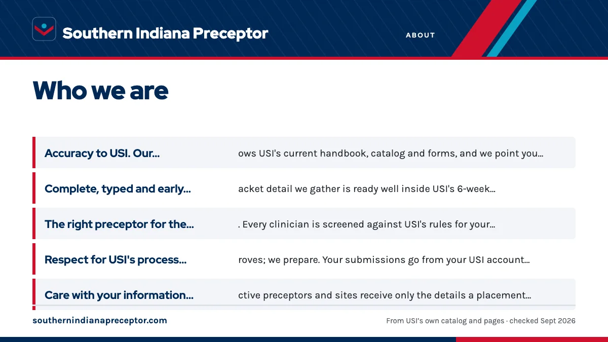 What we hold ourselves to: Accuracy to USI. Our guidance follows USI's current handbook; Complete, typed and early. Every packet detail we gather is ; The right preceptor for the course. Every clinician is scree; Respect for USI's process. USI approves; we prepare. Your su.