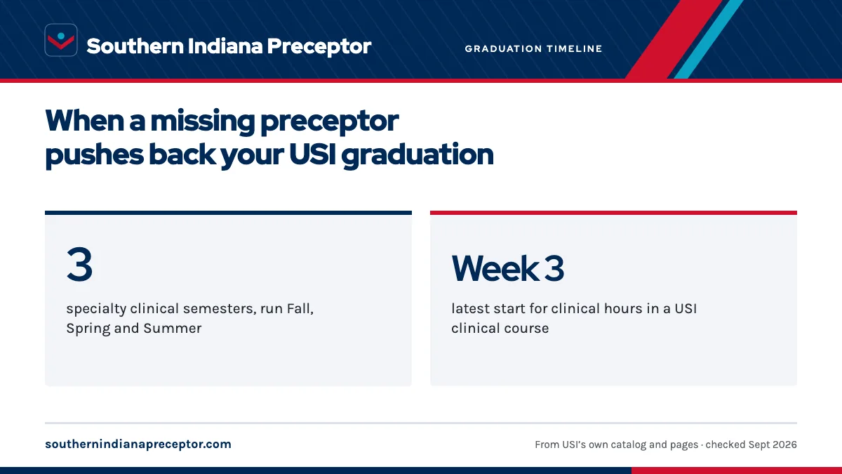 When a missing preceptor pushes back your USI graduation. 3: specialty clinical semesters, run Fall, Spring and Summer; Week 3: latest start for clinical hours in a USI clinical course.