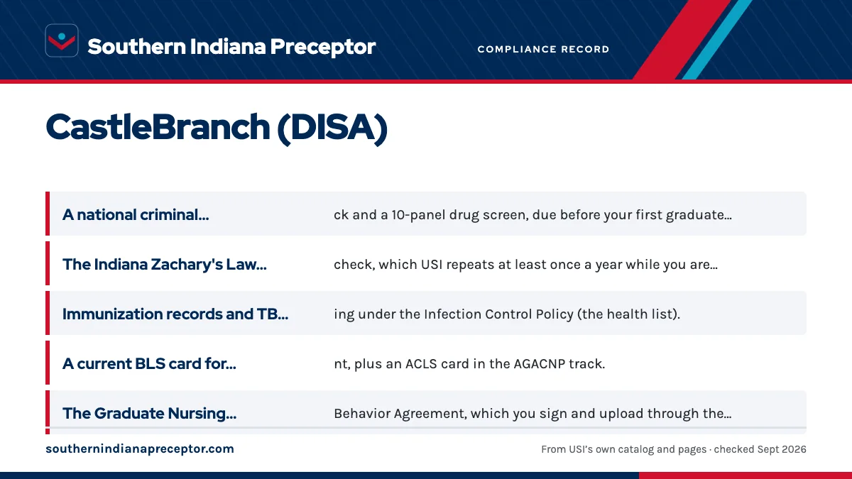 What your CastleBranch (DISA) record holds: A national criminal background check and a 10-panel drug scr; The Indiana Zachary's Law registry check, which USI repeats ; Immunization records and TB screening under the Infection Co; A current BLS card for every student, plus an ACLS card in t.